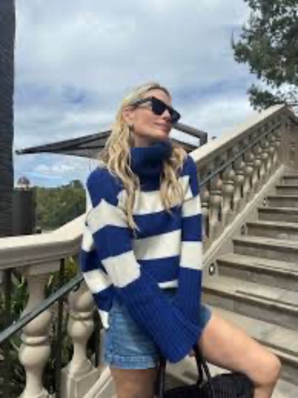 Goop G. Label Jazmyn High Cuff Striped Turtleneck Sz S (Oversized) Blue & White